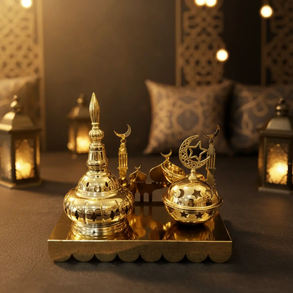 Golden-Ramadan-Thurible-&-Lantern-Décor-Set1 Golden Ramadan Thurible & Lantern Décor Set1