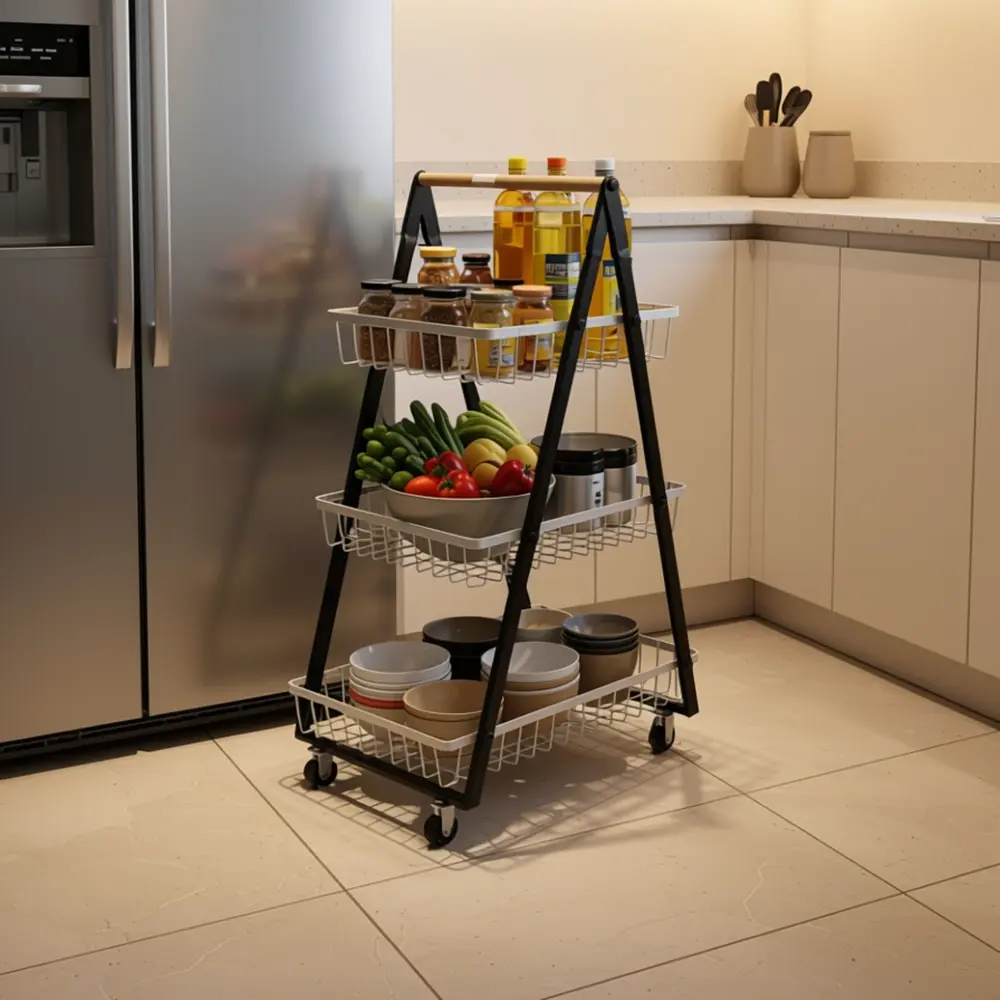 Metal 3 Tier A Frame Rolling Storage Basket Stand1