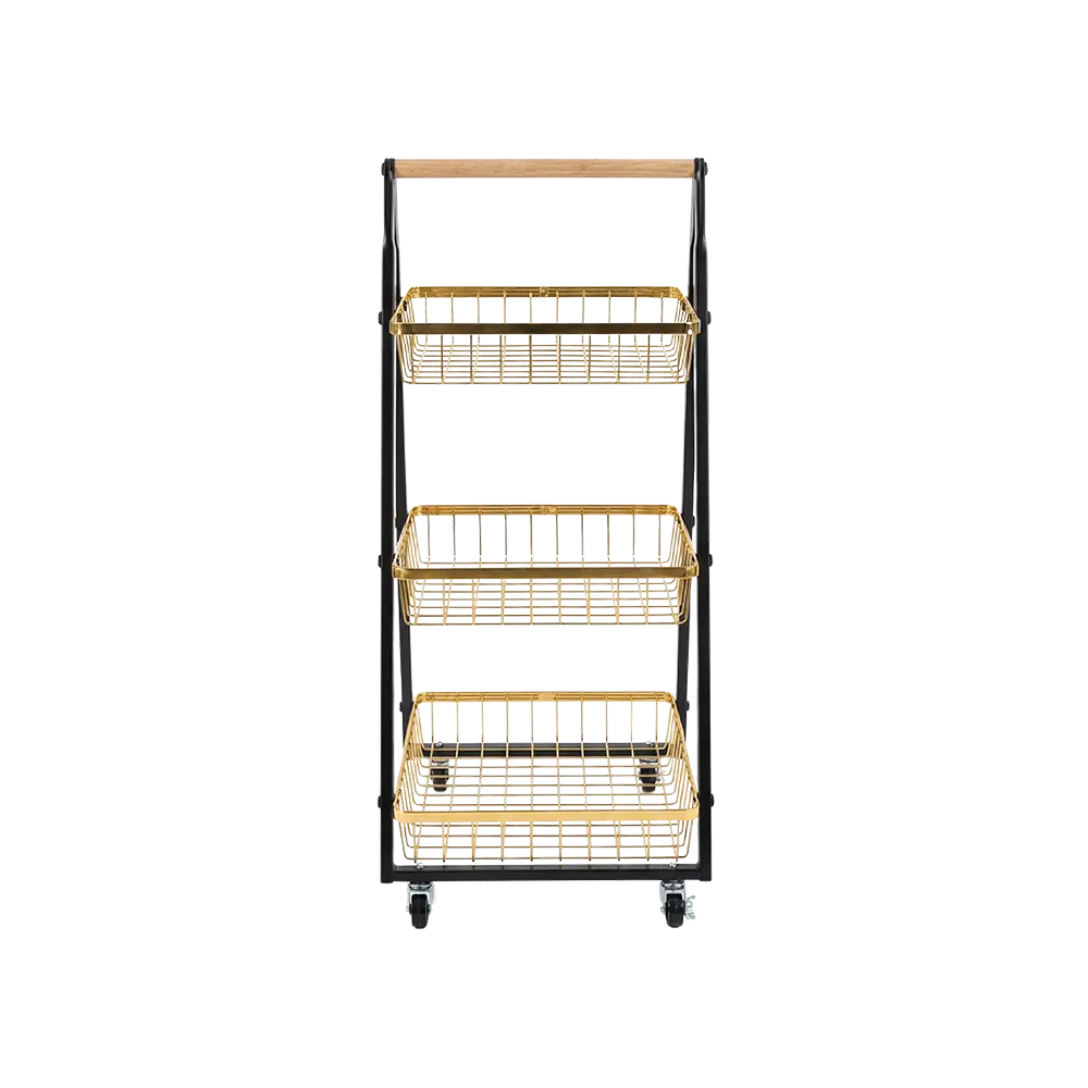 Metal-3-Tier-A-Frame-Rolling-Storage-Gold-Basket-Stand Metal 3 Tier A Frame Rolling Storage Gold Basket Stand