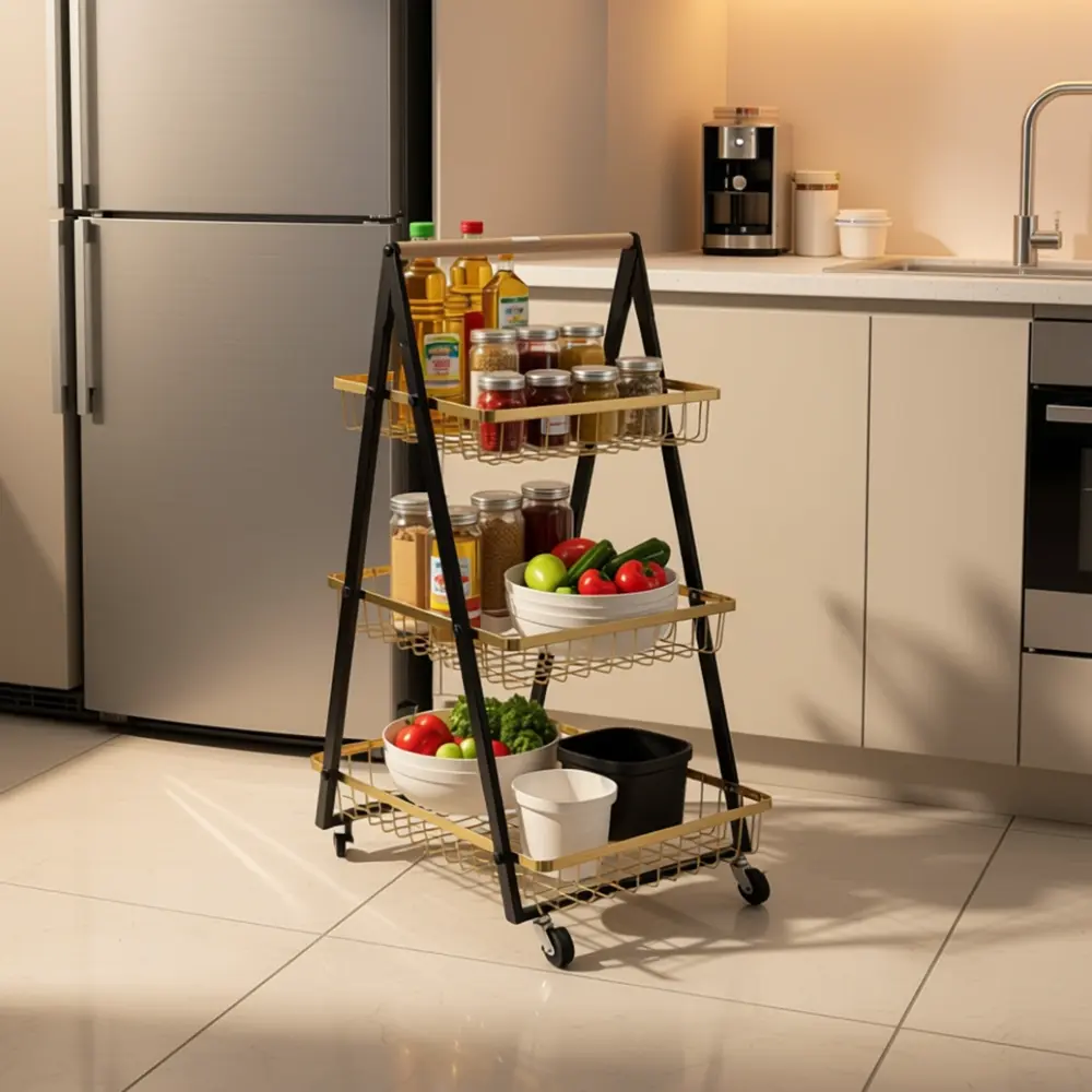 Metal-3-Tier-A-Frame-Rolling-Storage-Gold-Basket-Stand1 Metal 3 Tier A Frame Rolling Storage Gold Basket Stand1