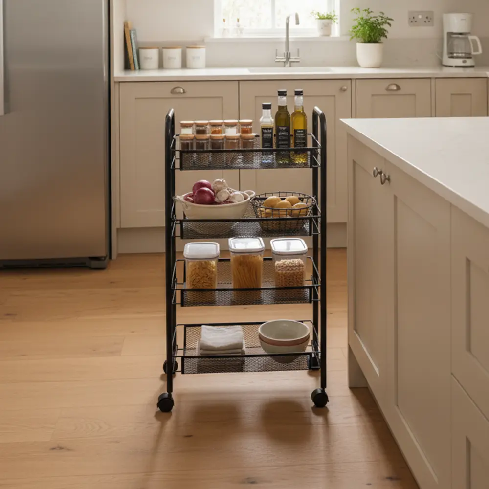 Metal 4 Tier Rolling Storage Black Stand with Wheels1