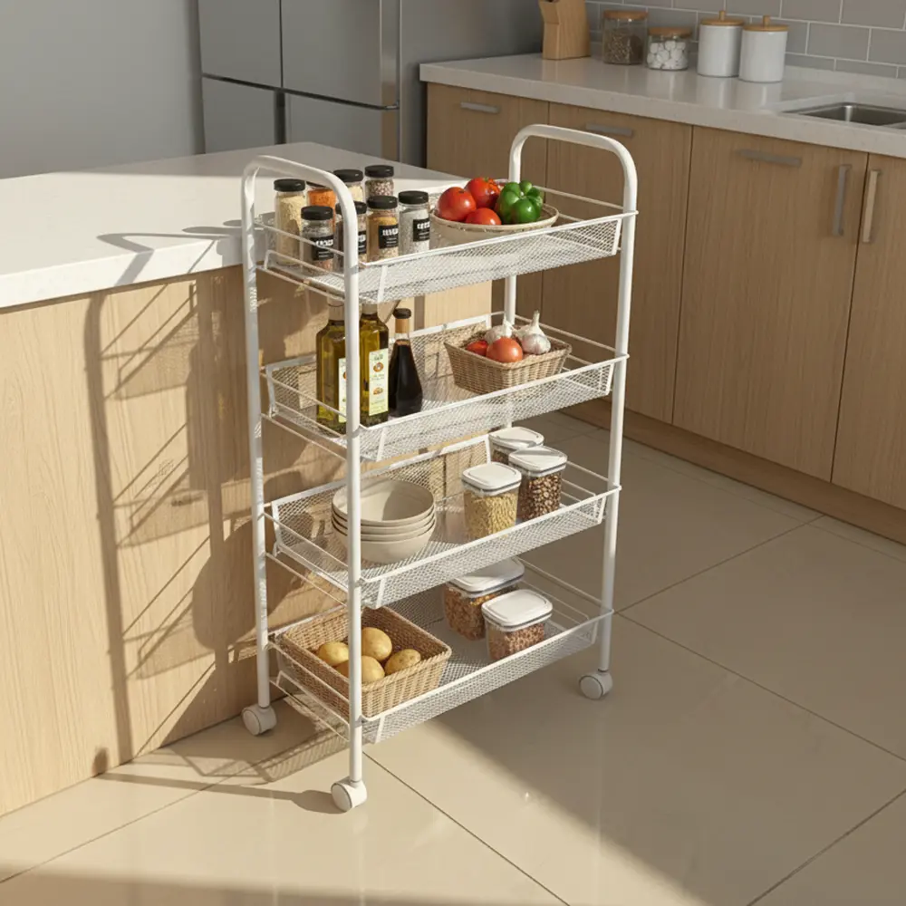 Metal 4 Tier Rolling Storage White Stand with Wheels1