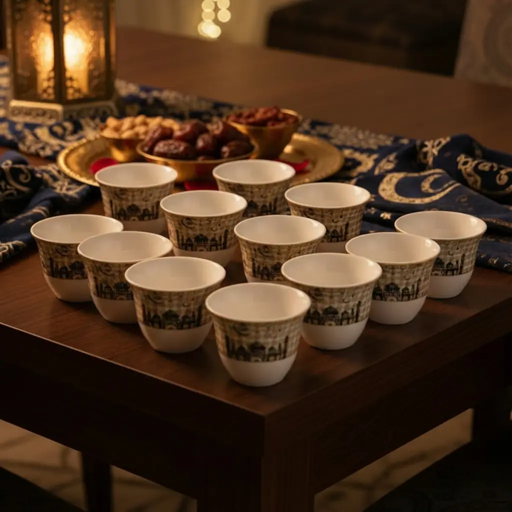 Ramadan 12pcs Gold & White Ceramic Coffee Cup Set1
