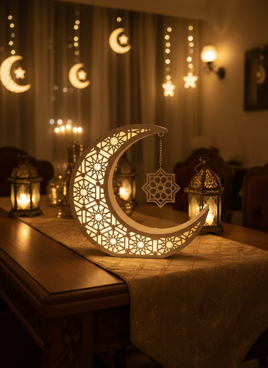 Ramadan-26x26cm-Crescent-Moon-Lantern-with-Star-&-Light1 Ramadan 26x26cm Crescent Moon Lantern with Star & Light1