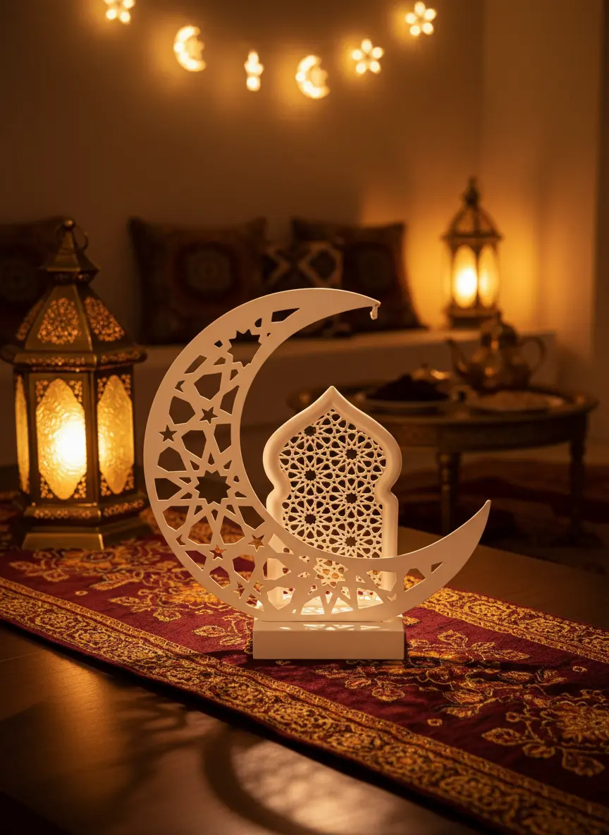 Ramadan 30x12cm Crescent Moon & Mosque Silhouette Décor with Light1