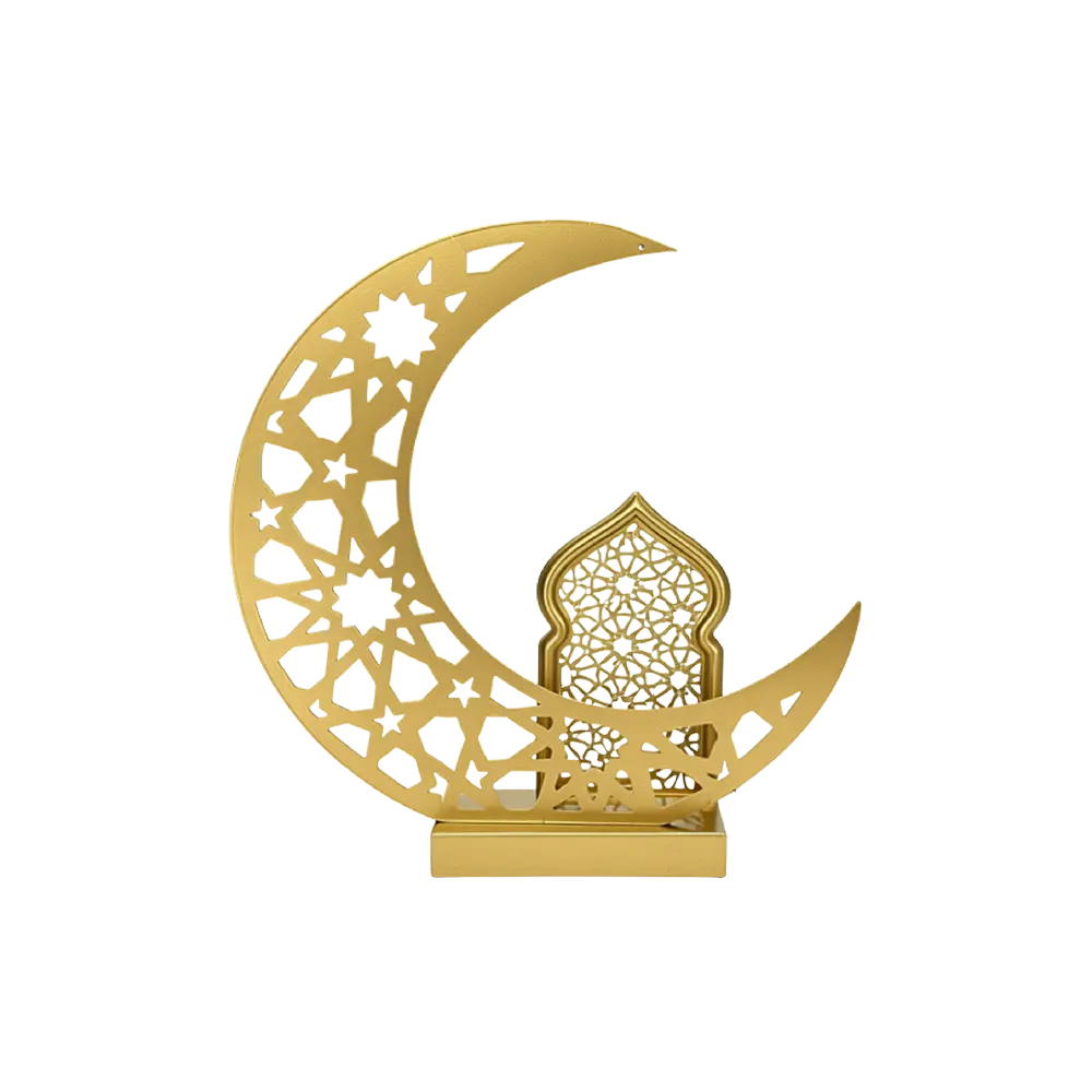 Ramadan 30x12cm Golden Crescent Moon & Mosque Silhouette Décor with Light