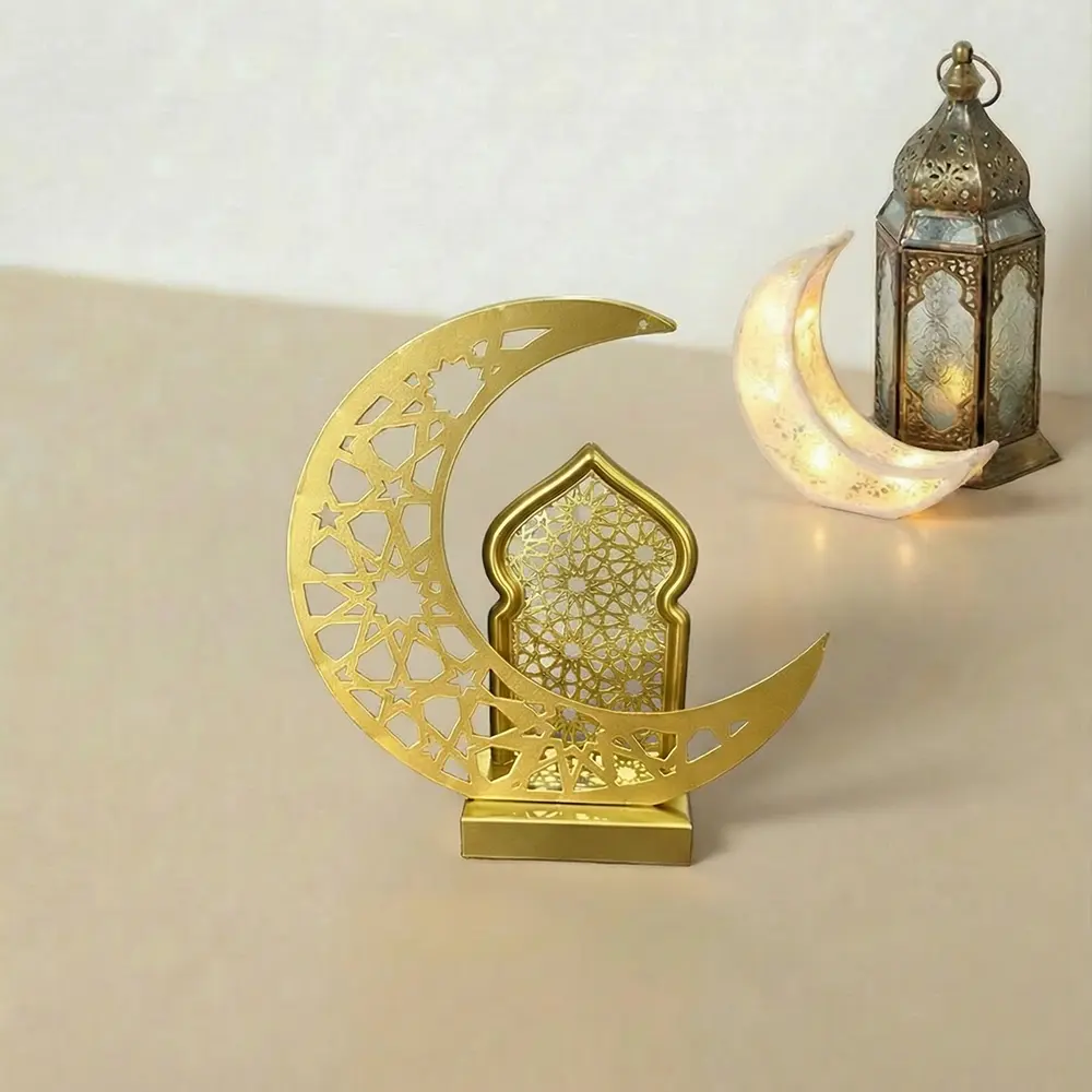 Ramadan 30x12cm Golden Crescent Moon & Mosque Silhouette Décor with Light1