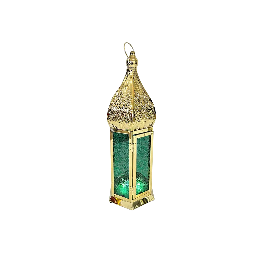 Ramadan 37cm Gold Moroccan Lantern with Emerald Glass