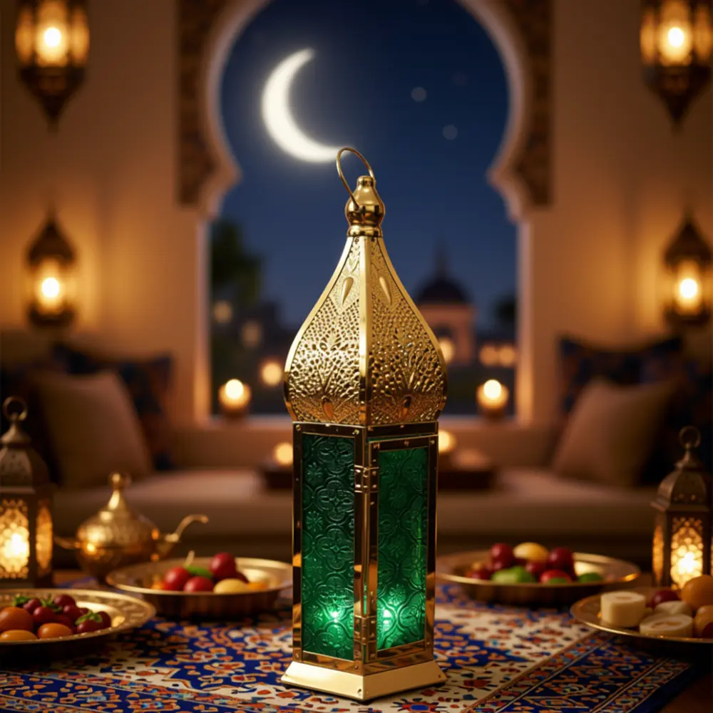 Ramadan 37cm Gold Moroccan Lantern with Emerald Glass1