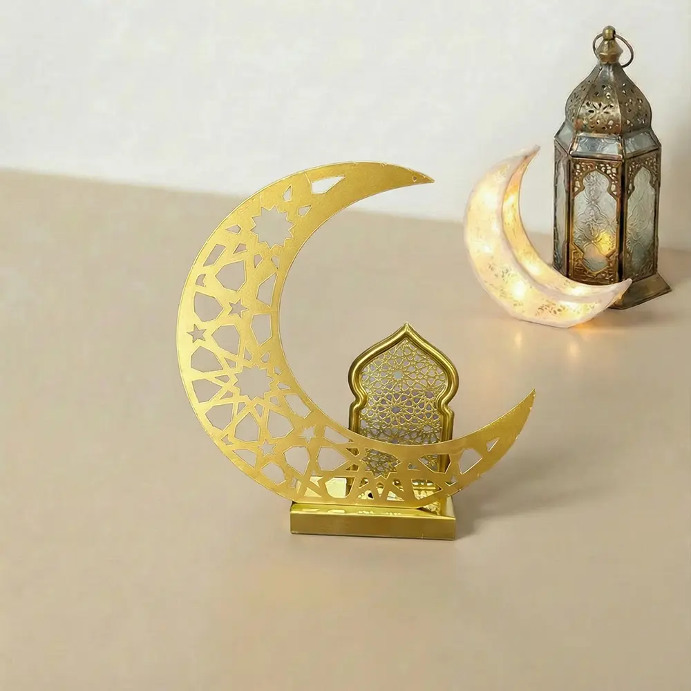 Ramadan 37x17cm Golden Crescent Moon & Mosque Silhouette Décor with Light1