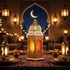 Ramadan Elegant Gold Moroccan Lantern with Colored Glass1