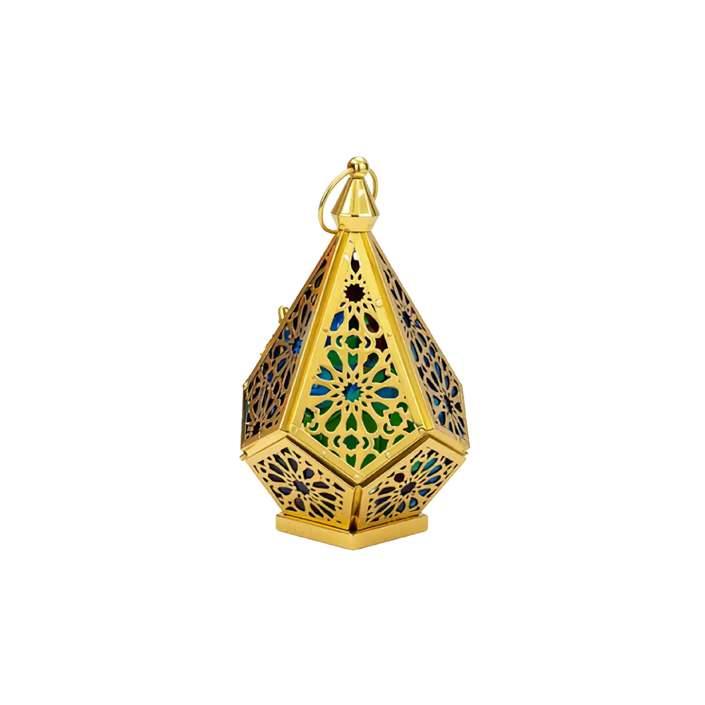Ramadan Geometric Gold Moroccan Lantern with Cutout Design & Light