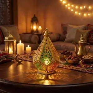 Ramadan Geometric Gold Moroccan Lantern with Cutout Design & Light1