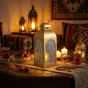Ramadan Gold Lantern with Crescent & Star Glass & Light1
