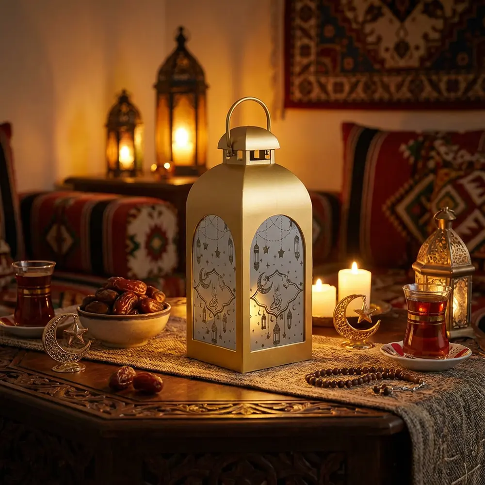 Ramadan Gold Lantern with Crescent & Star Glass & Light1