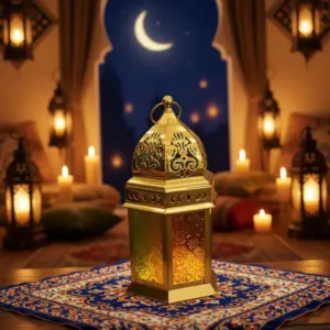 Ramadan Gold Lantern with Multicolor Glass Glow1