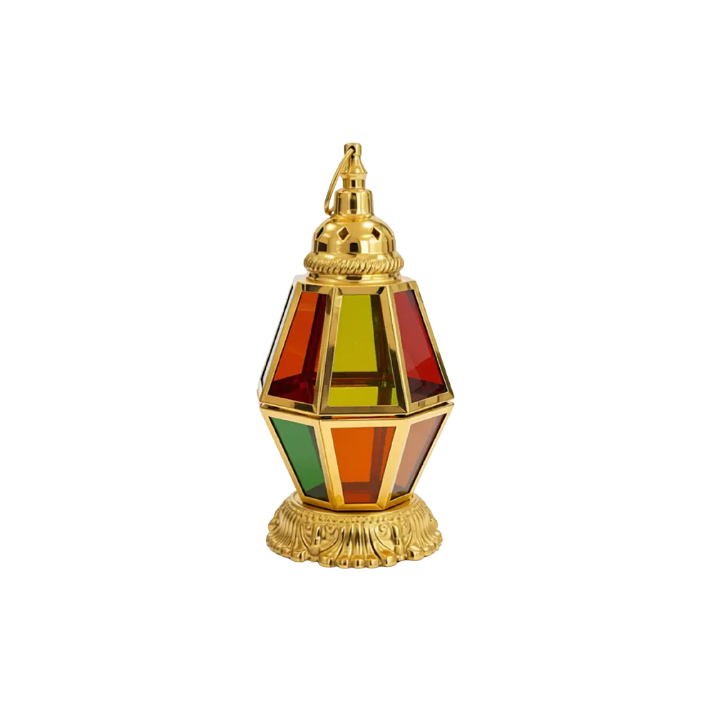 Ramadan Gold Lantern with Multicolor Glass Panels