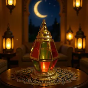 Ramadan Gold Lantern with Multicolor Glass Panels1