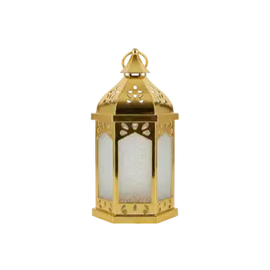 Ramadan Gold Lantern with Patterned Glass Panels & Light