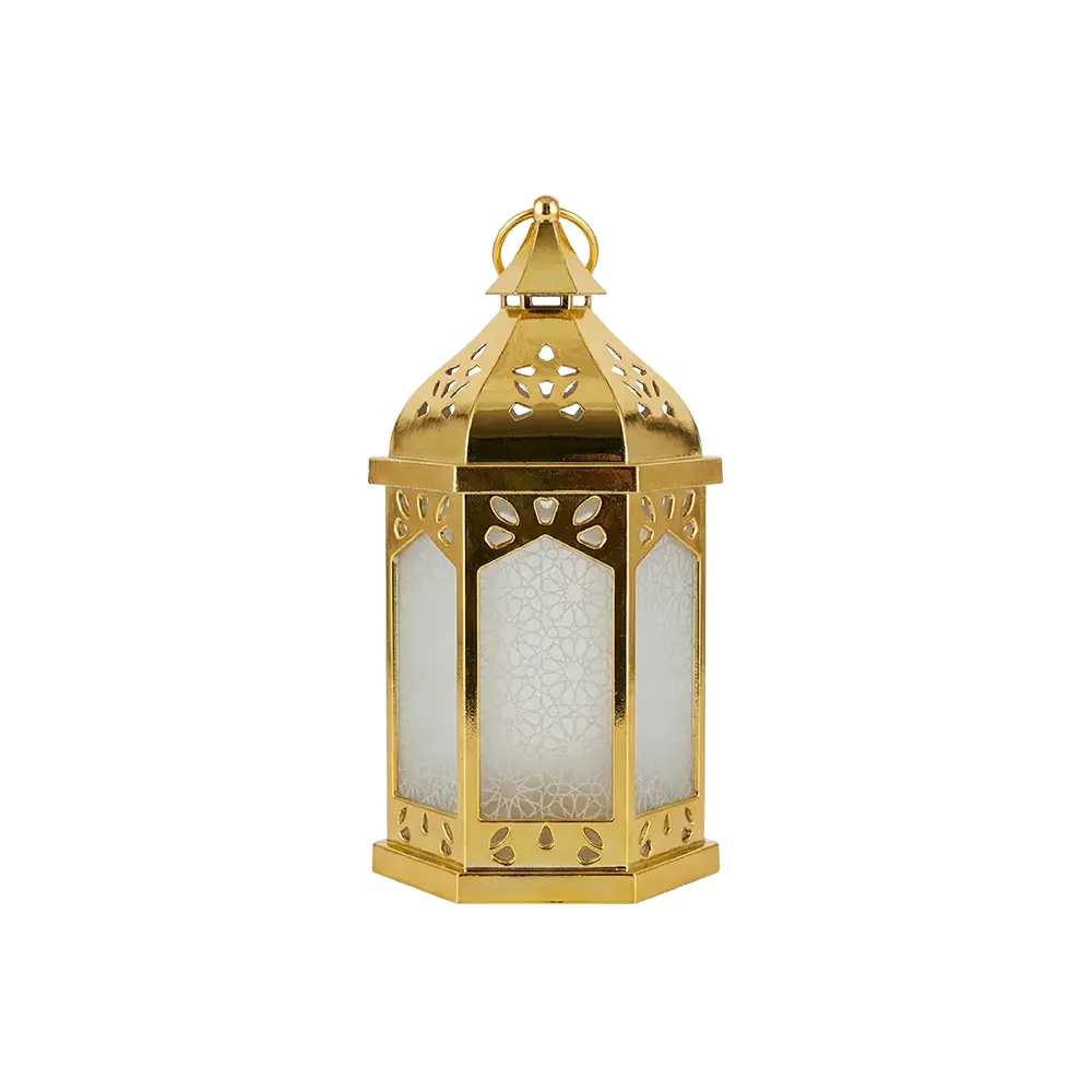 Ramadan-Gold-Lantern-with-Patterned-Glass-Panels-&-Light Ramadan Gold Lantern with Patterned Glass Panels & Light
