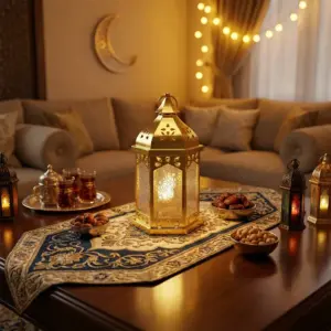 Ramadan Gold Lantern with Patterned Glass Panels & Light1
