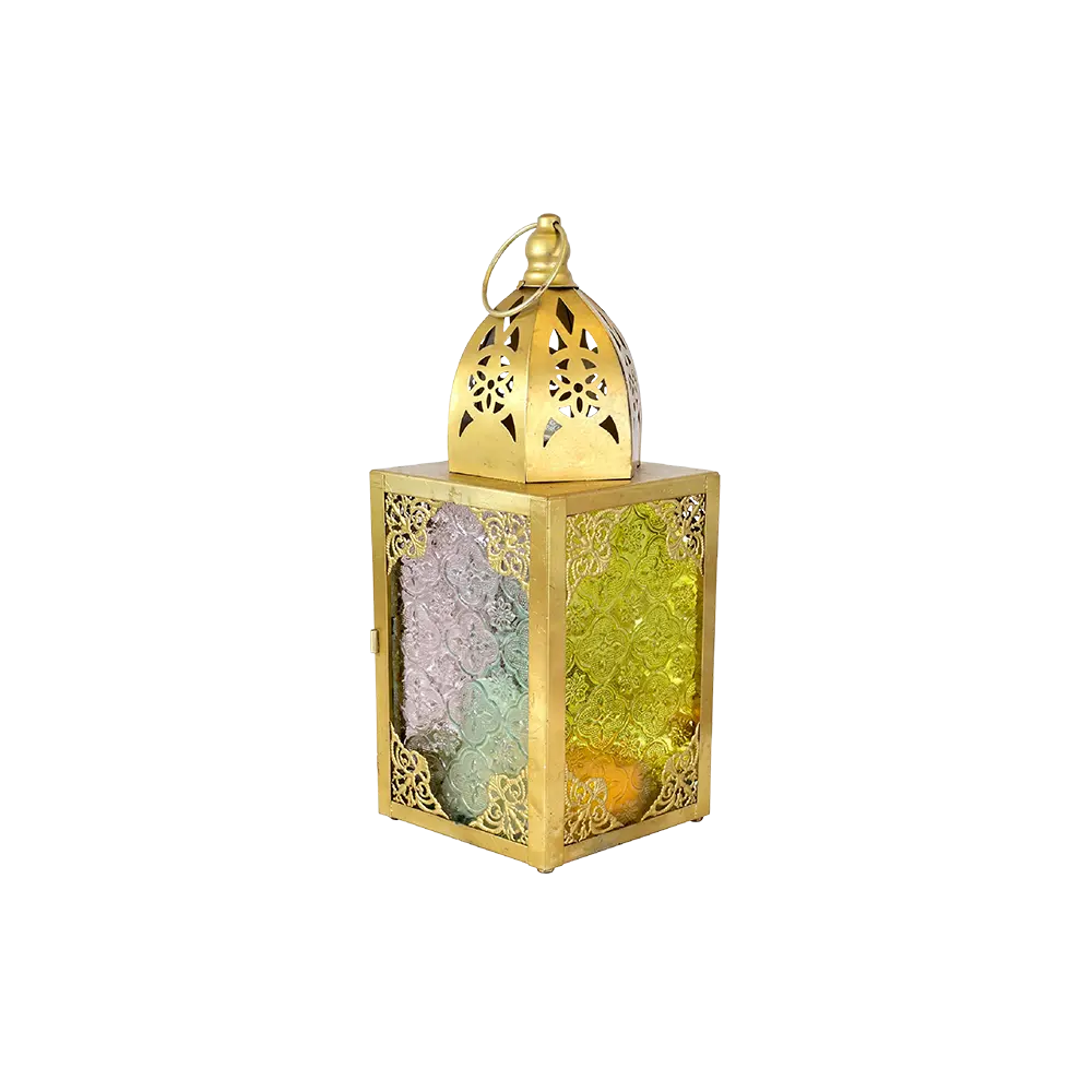 Ramadan Gold Square Lantern with Embossed Multicolor Glass