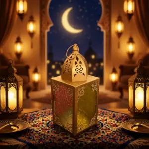 Ramadan Gold Square Lantern with Embossed Multicolor Glass1