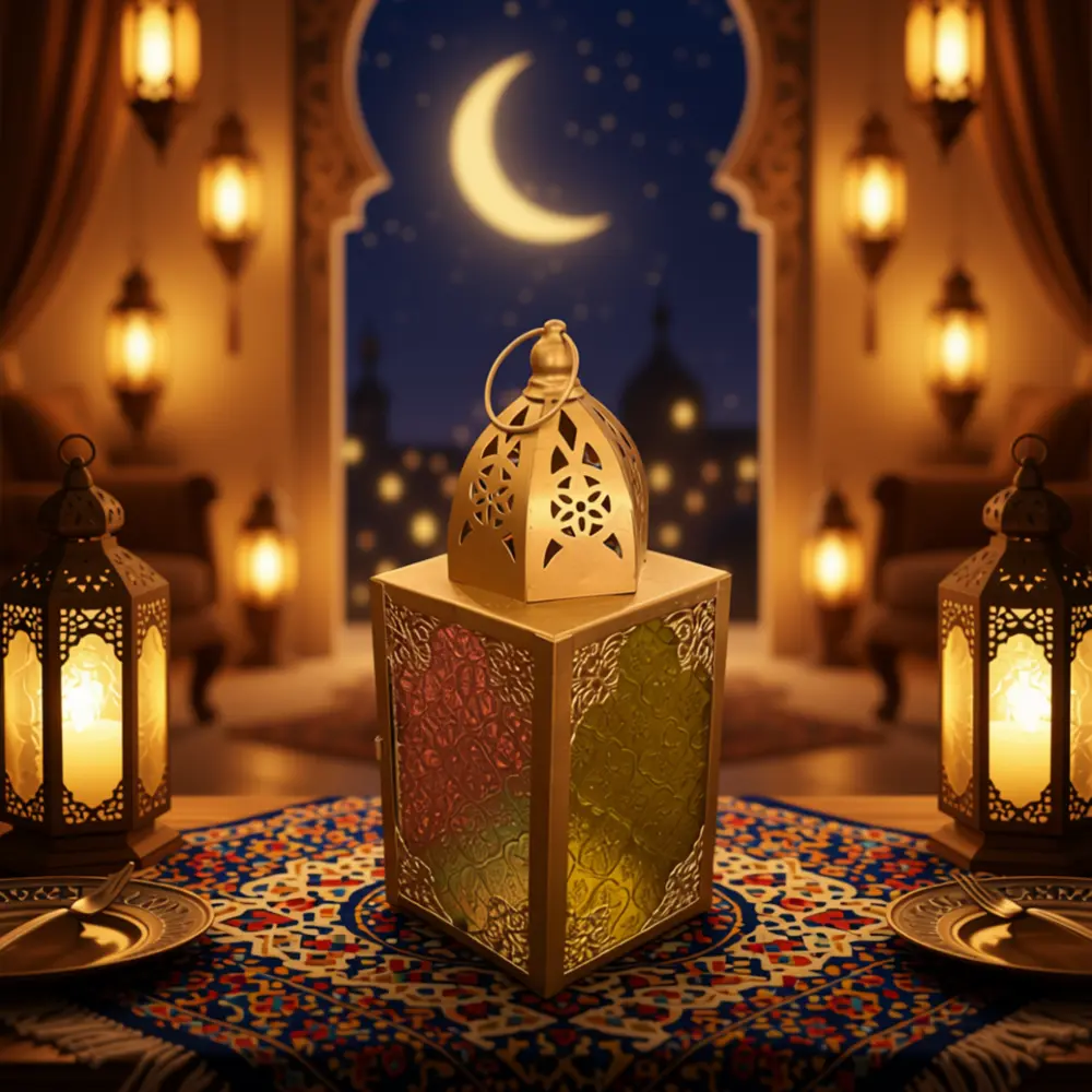 Ramadan Gold Square Lantern with Embossed Multicolor Glass1