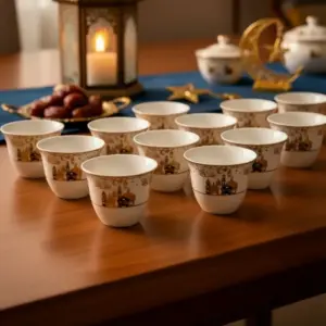 Ramadan Kareem 12pcs Gold & White Ceramic Coffee Cup Set1