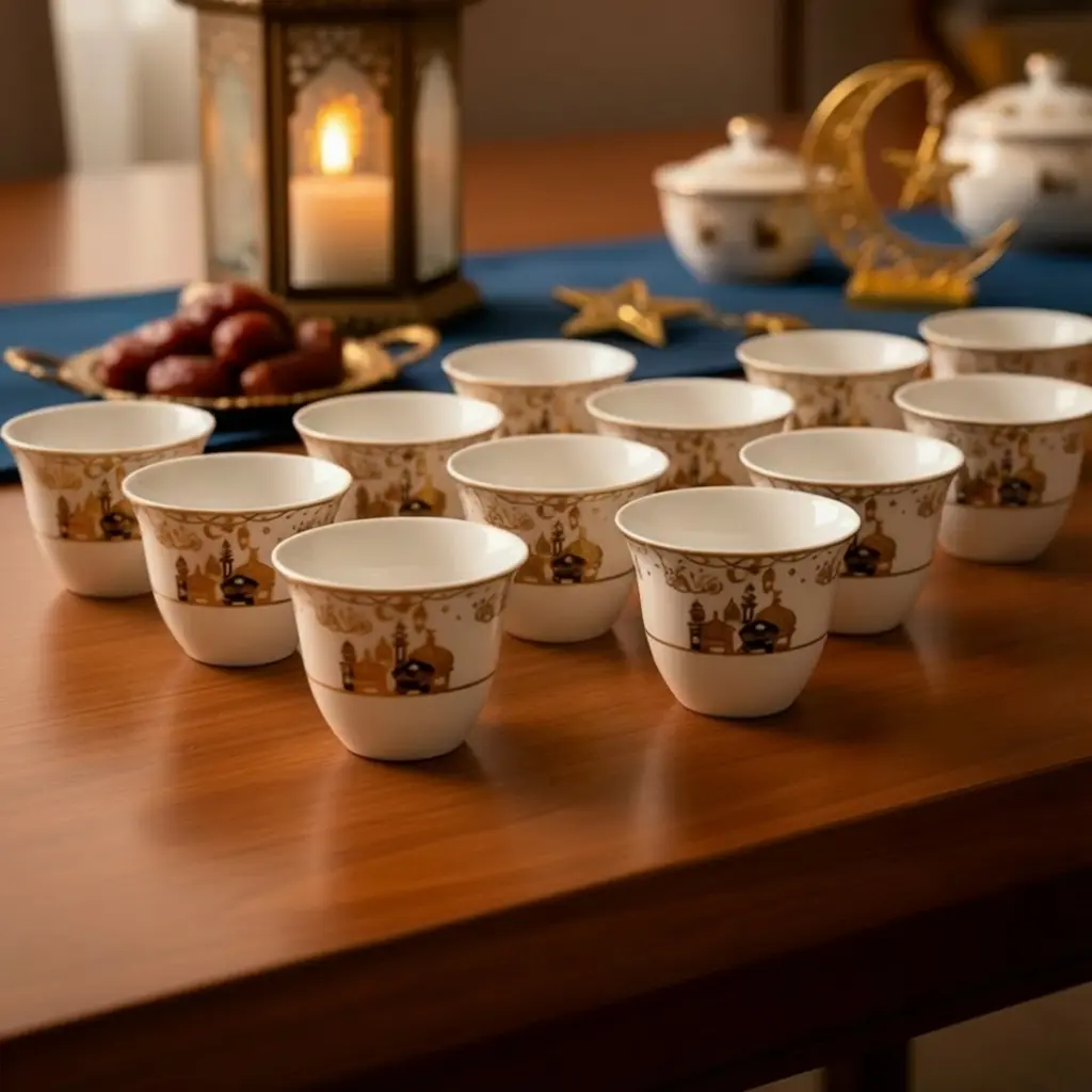 Ramadan Kareem 12pcs Gold & White Ceramic Coffee Cup Set1