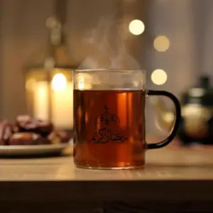 Ramadan Kareem 300ml Glass Mug with Black Handle1