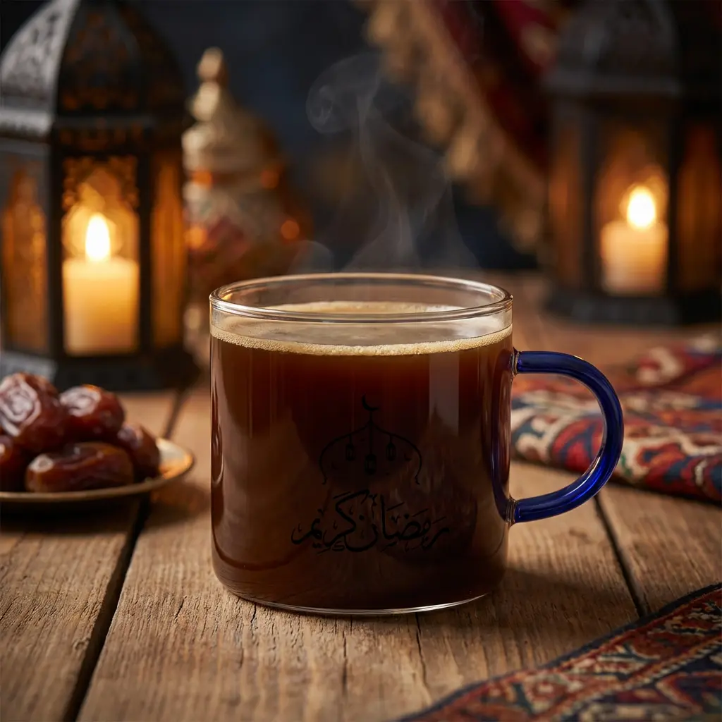 Ramadan Kareem Glass Coffee Cup with Blue Handle1