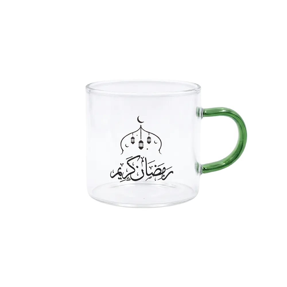 Ramadan Kareem Glass Coffee Cup with Green Handle