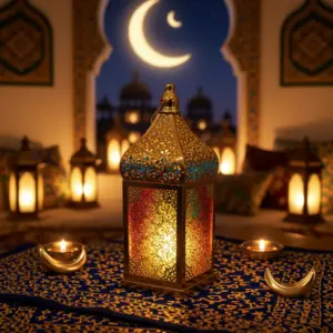 Ramadan Ornate Gold Lantern with Embossed Glass Panels1