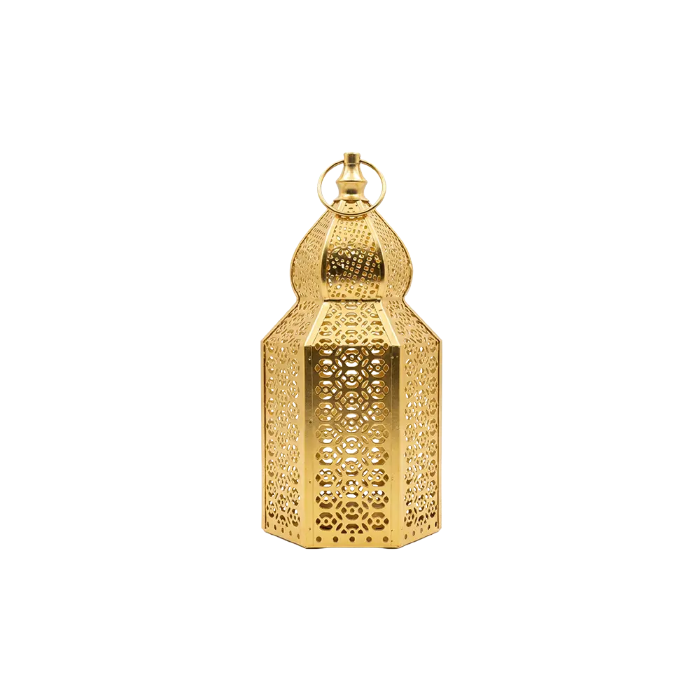 Ramadan Ornate Gold Lantern with Pierced Metal Design & Light