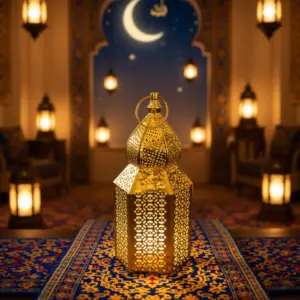 Ramadan Ornate Gold Lantern with Pierced Metal Design & Light1