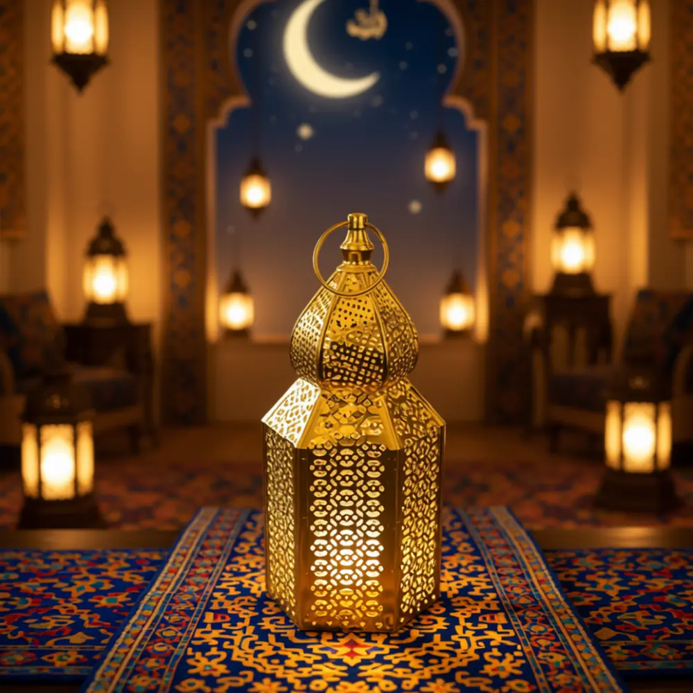 Ramadan Ornate Gold Lantern with Pierced Metal Design & Light1