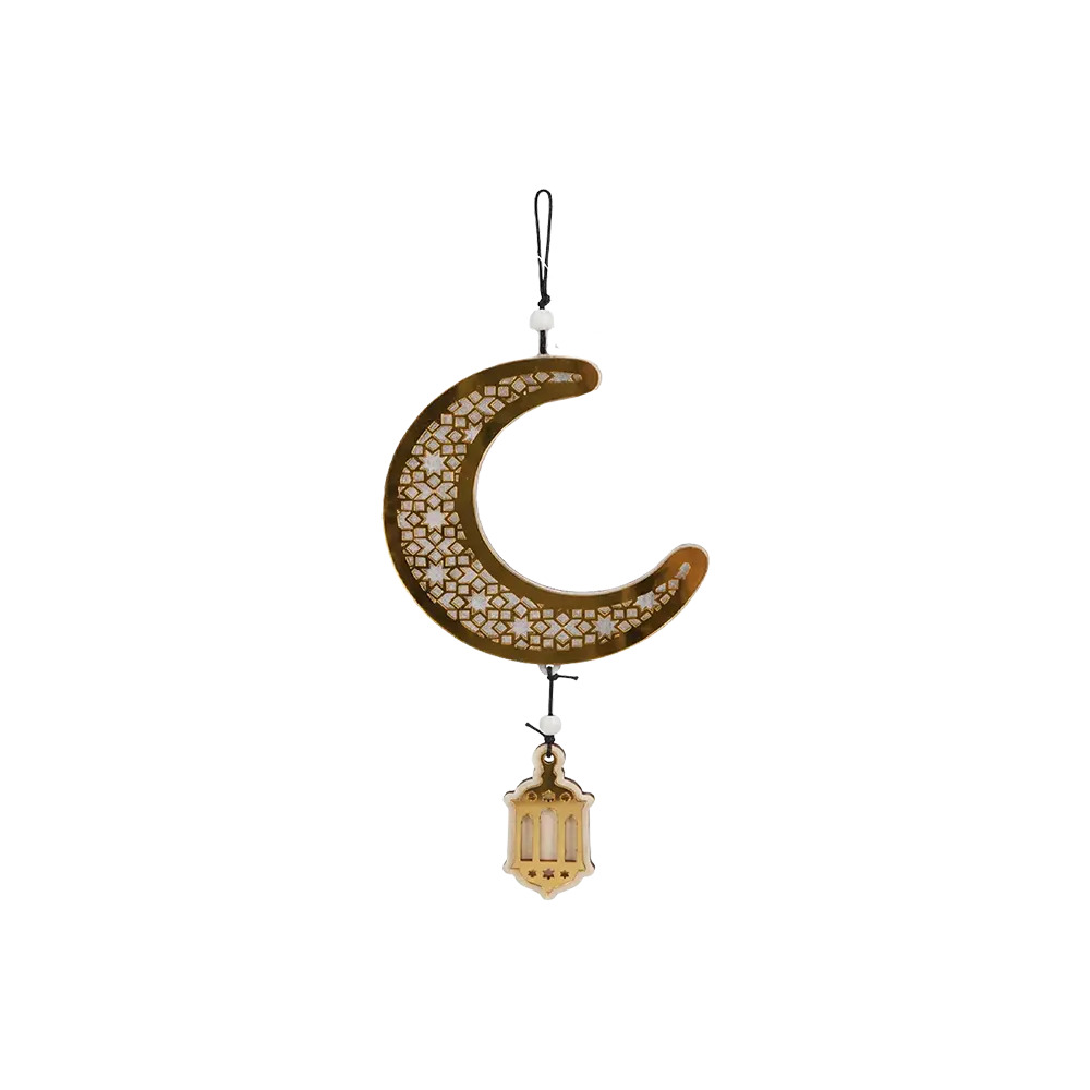 Ramadan Small Golden Crescent Wooden Hanging with Light