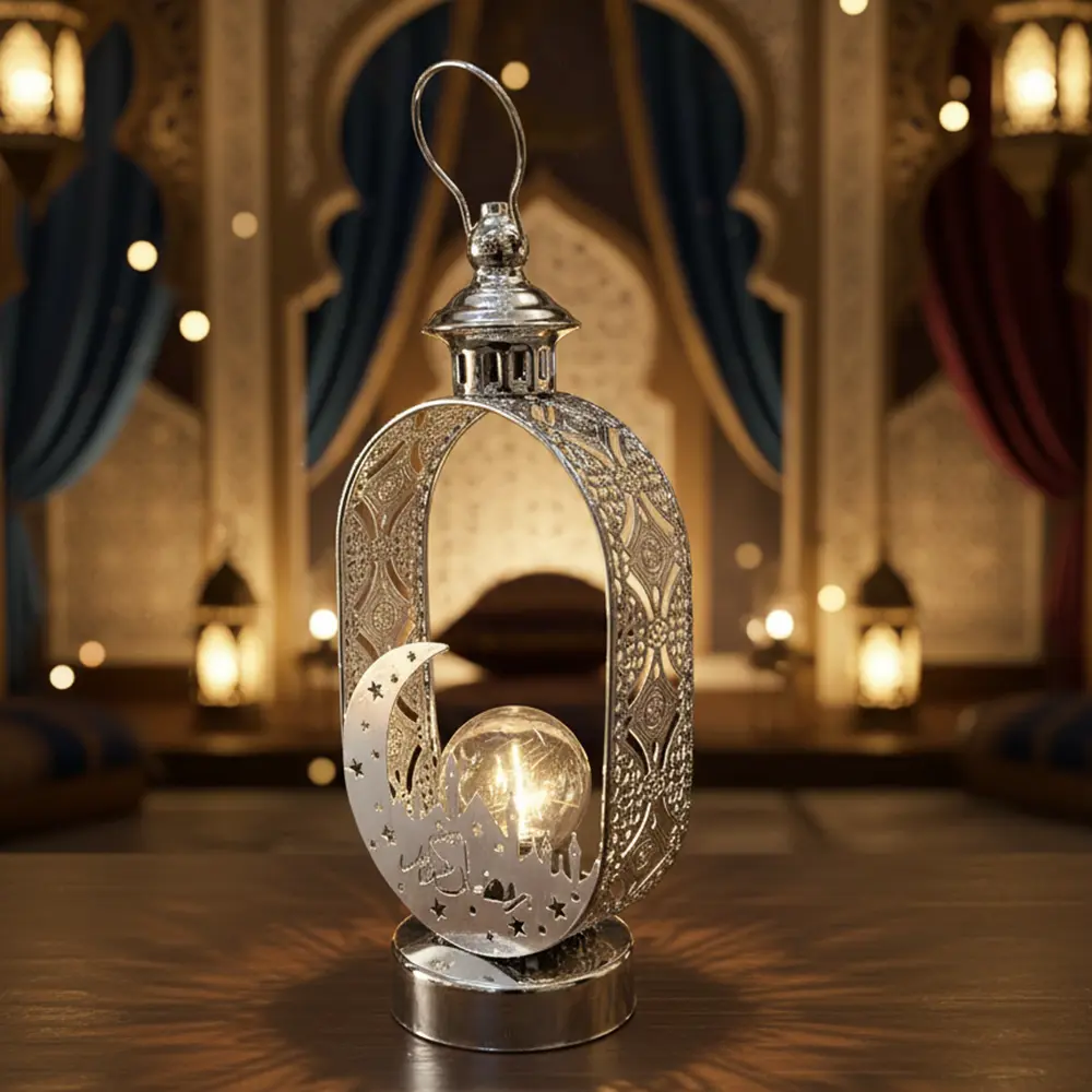 Silver Ramadan Crescent Lantern Table Décor1