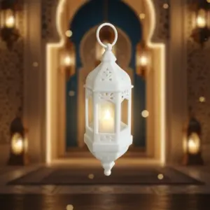 White 19cm Hanging Ramadan Lantern with LED Candle1