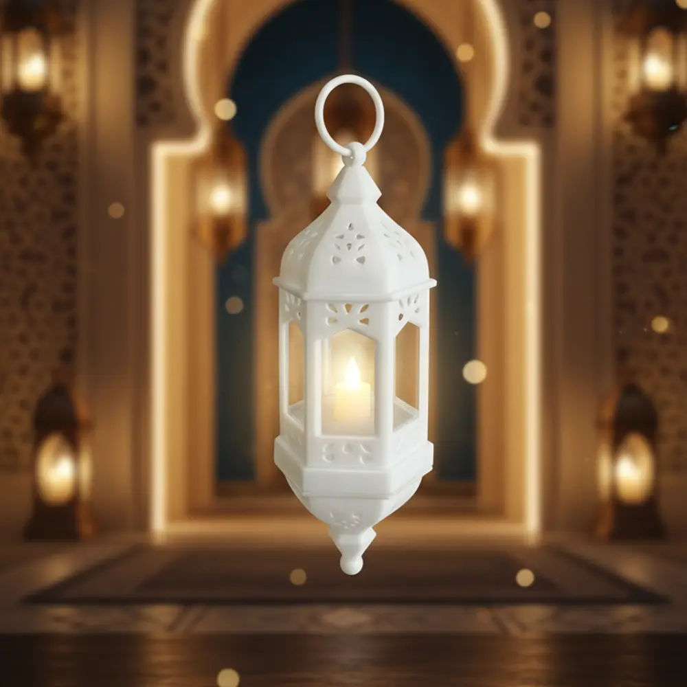 White 28cm Hanging Ramadan Lantern with LED Candle1