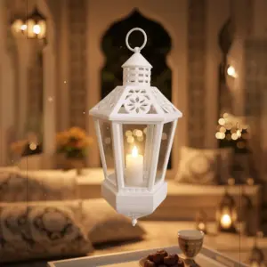 White 33cm Hanging Ramadan Lantern with LED Candle1