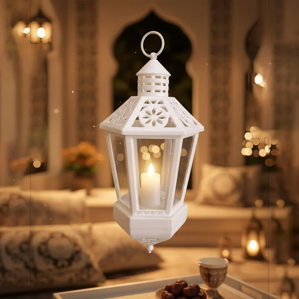 White 33cm Hanging Ramadan Lantern with LED Candle1