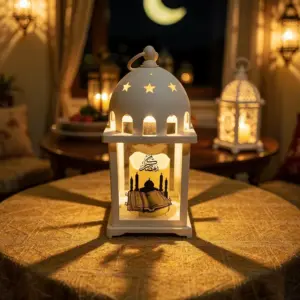 White Ramadan Lantern with Mosque & Quran Design1