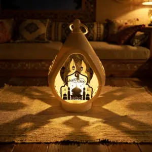 White Teardrop Ramadan Lantern with Mosque Design1