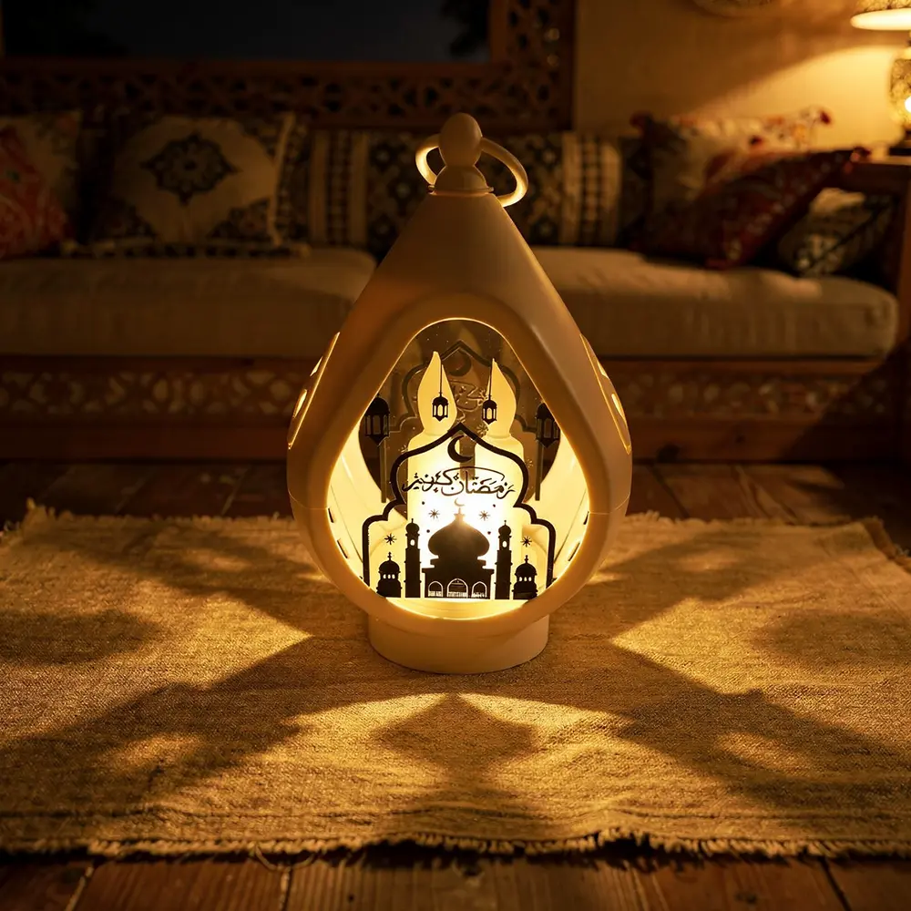 White Teardrop Ramadan Lantern with Mosque Design1