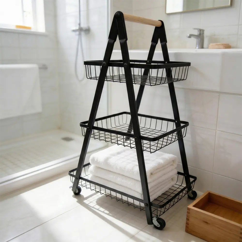 3 Tier Metal Storage Stand with Wooden Handle & Wheels 50x80 cm for Bathroom2
