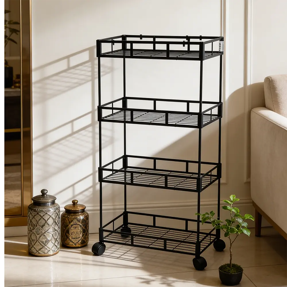 4 Tier Metal Storage Stand with Wheels 40x91 cm Multi Purpose Organizer for Living Room & Home1