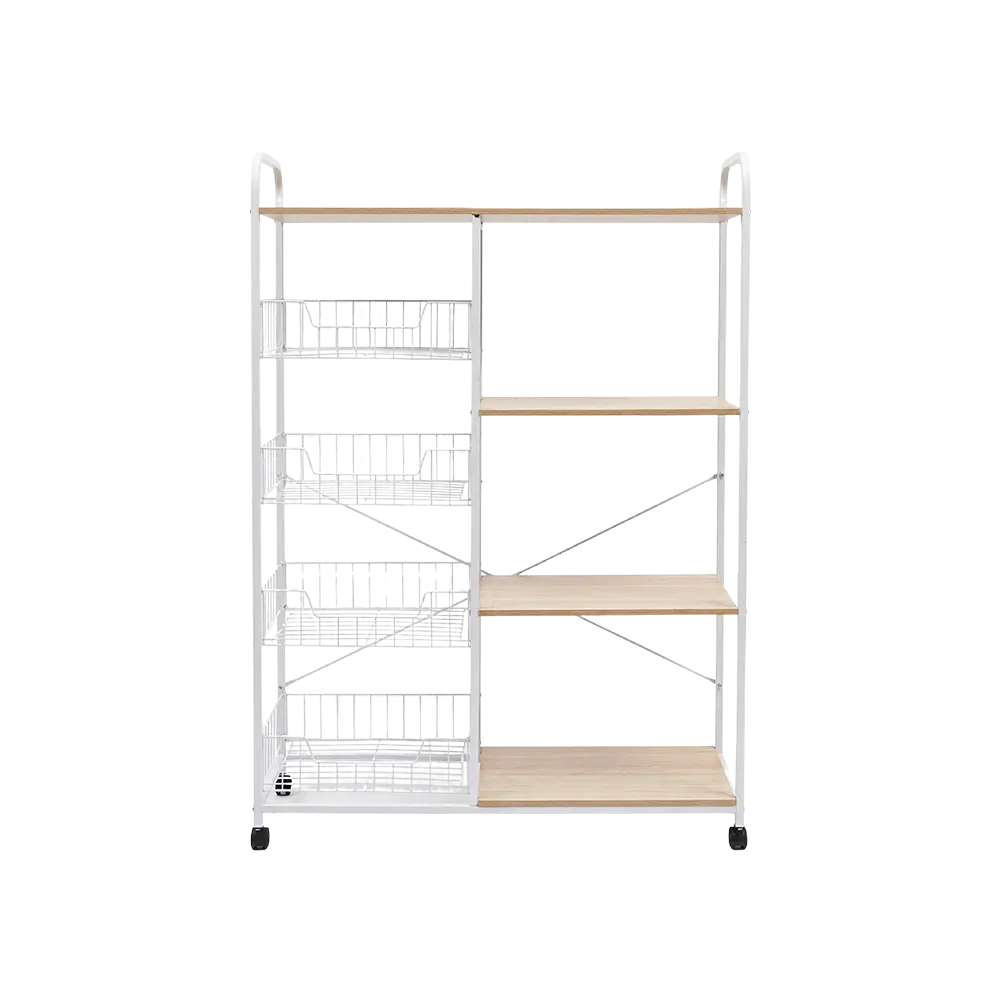 9 Tier Wood & Metal Storage Stand with Wheels 90x130 cm for Kitchen & Home Organization