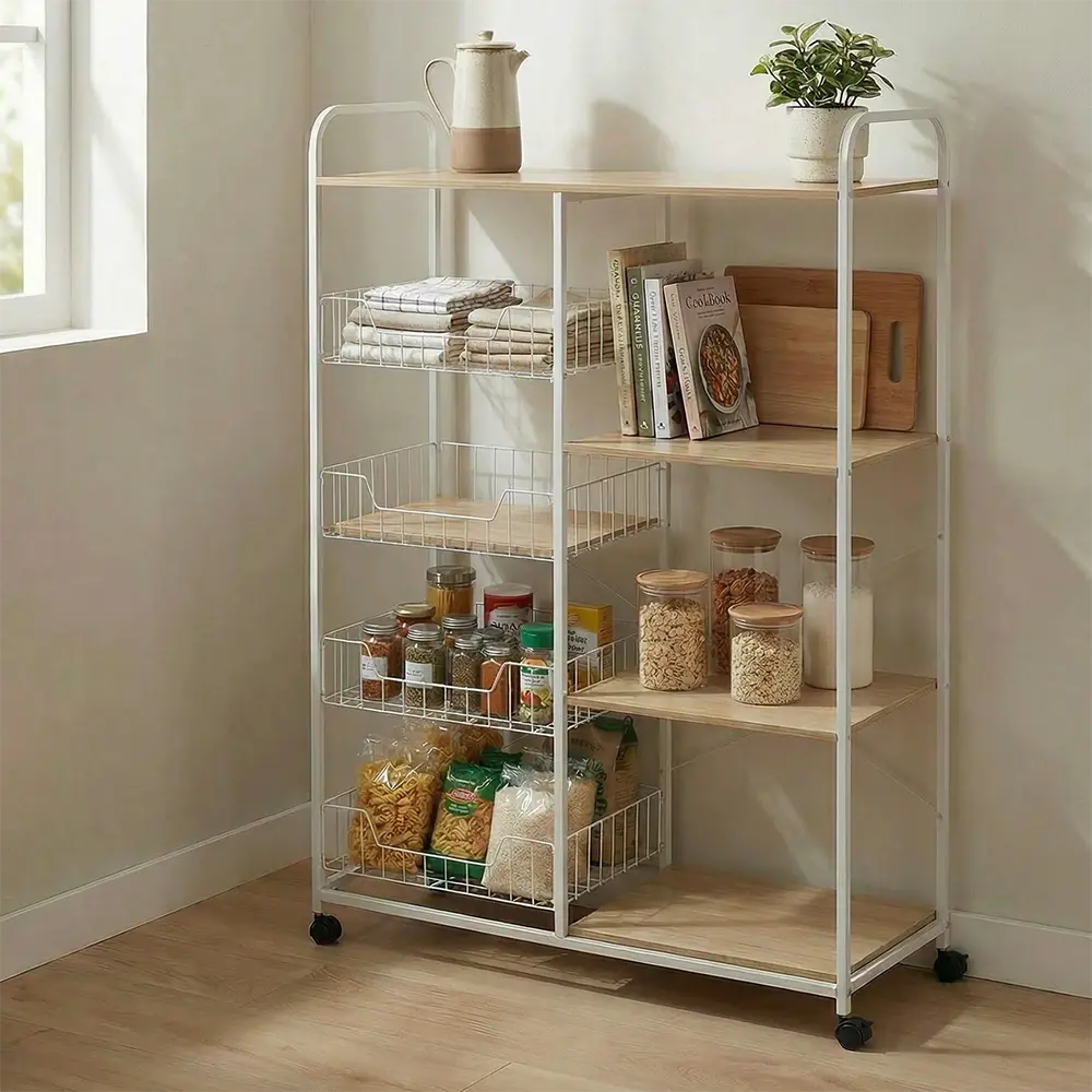 9 Tier Wood & Metal Storage Stand with Wheels 90x130 cm for Kitchen & Home Organization2